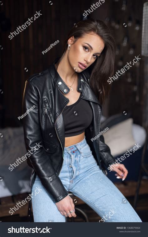 Sexy Beautiful Brunette Leather Jacket Jeans Stock Photo Shutterstock