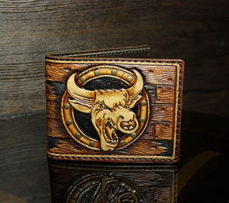 Hand Tooled Leather Bull Wallet With Wood Like Design Bull Etsy