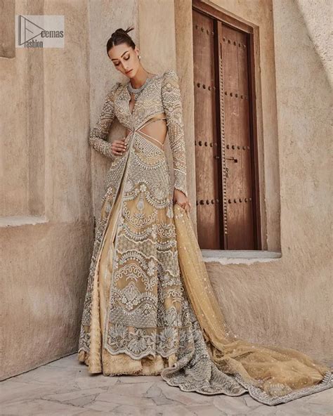 Golden Front Open Gown Lehenga N Dupatta As Nikah Wear