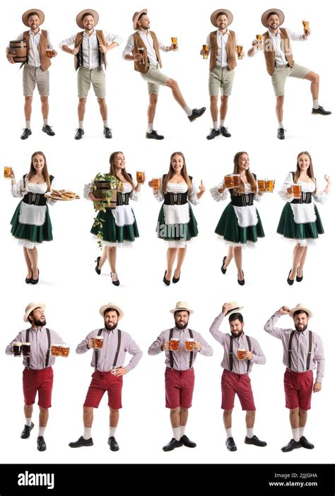 Set of people in traditional German clothes, with beer and snacks on ...