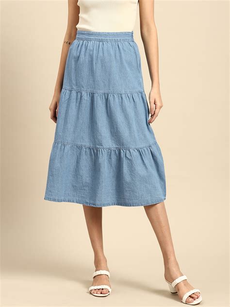 Buy All About You Women Blue Chambray Tiered A Line Midi Skirt Skirts