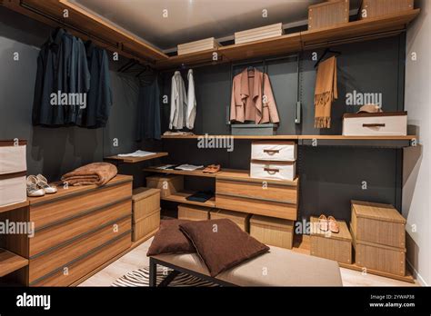 interior   modern  spacious walk  closet featuring wooden