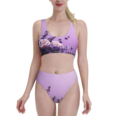 Logiee Lavender Roses Arrangement Print Women S 2 Piece Bikini Set Halter Bathing Suit High