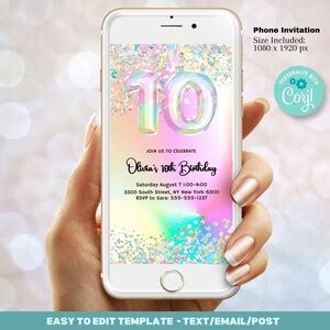 Editable 10th Birthday Invitation Template Glitter Iridescent