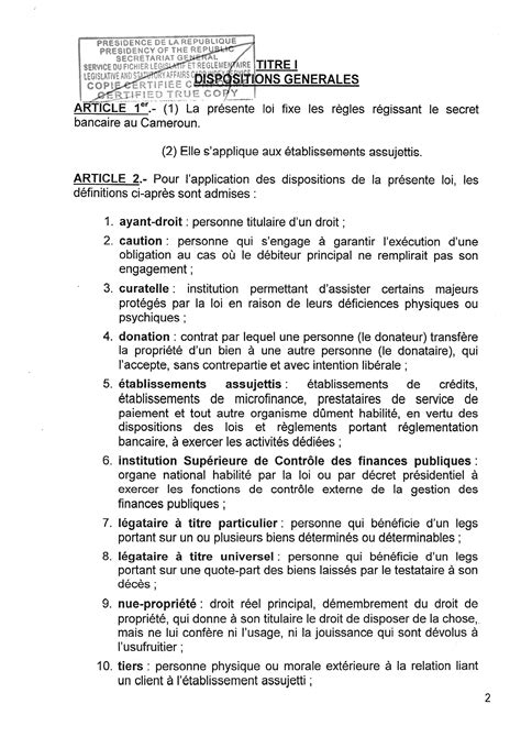 Loi N Du Avril R Gissant Le Secret Bancaire Au Cameroun