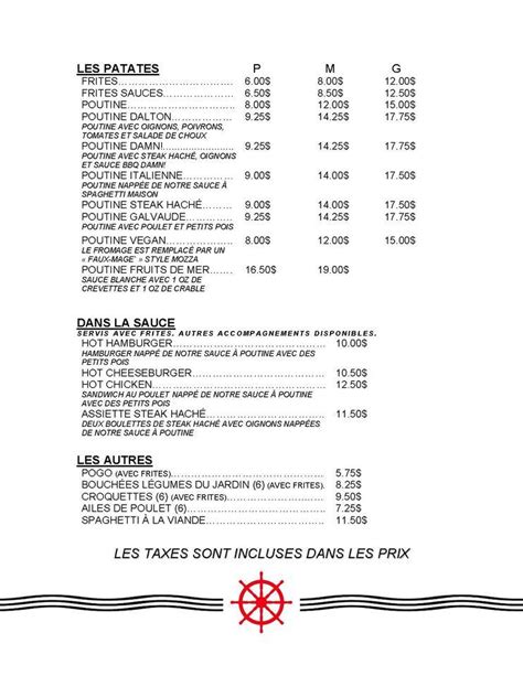 Menu au Casse Croûte du Pêcheur restaurant Sept Iles