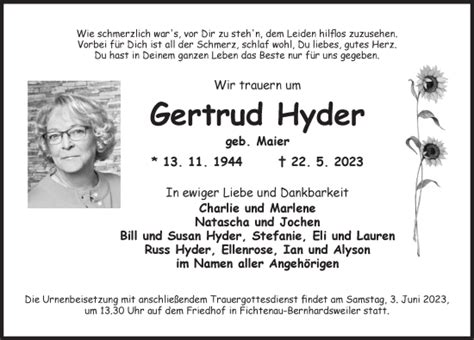 Traueranzeigen Von Gertrud Hyder Trauer Flz De