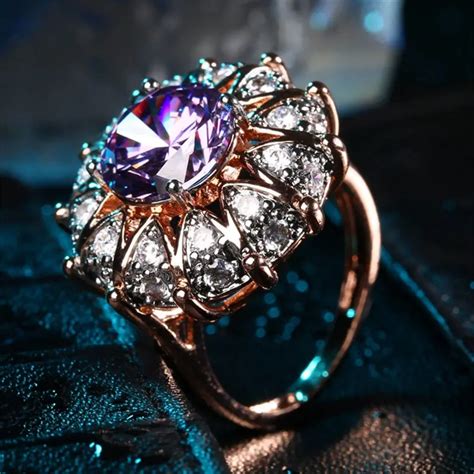 ZHE FAN AAA Luxury Purple Cubic Zirconia Big Ring Rose Gold Color