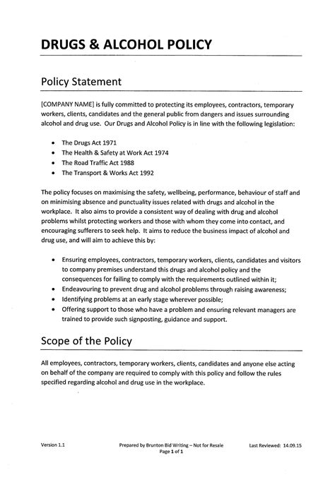 Printable Drug And Alcohol Policy Template