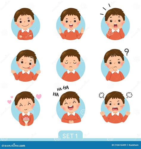 Cartoon Set of a Little Boy in Different Postures with Various Emotions ...