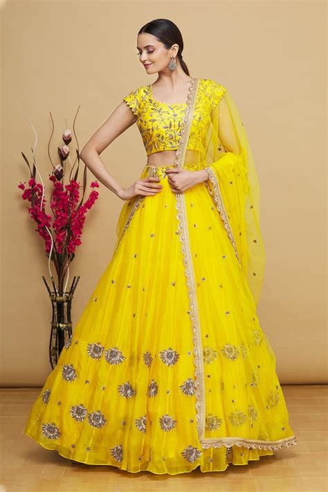 Buy Keerthi Kadire Yellow Floral Embroidered Lehenga Set Online Aza