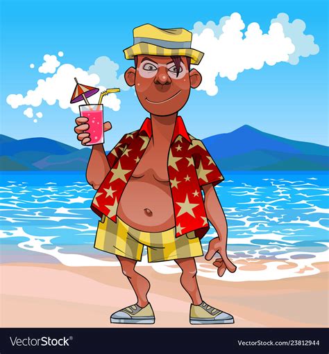 Cartoon funny tanned tourist stands Royalty Free Vector