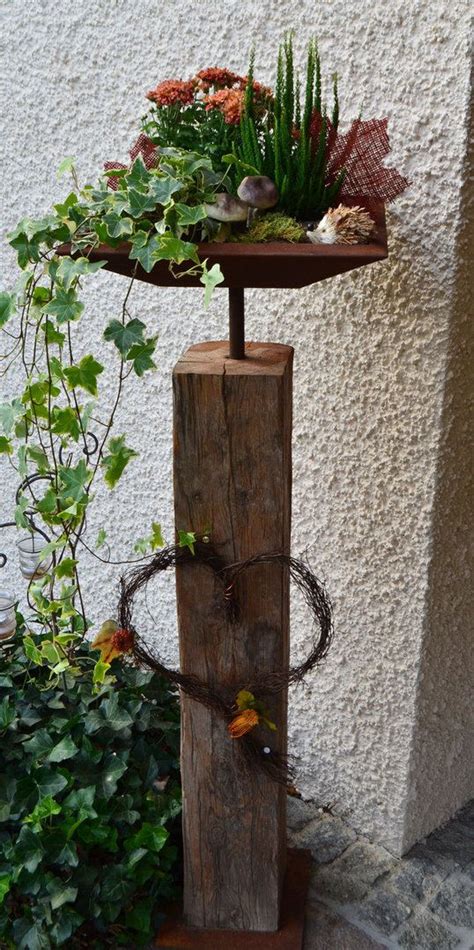 Altholzbalken mit Edelrost Schale und Bodenplatte - eckig, 1,20 m