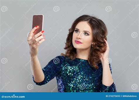 Cute Woman Holding Phone Taking Selfie Stock Image - Image of beauty ...