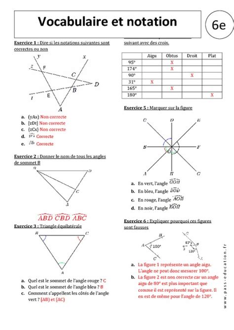 Vocabulaire Notation Angles Exercices corrigés 6ème Pass