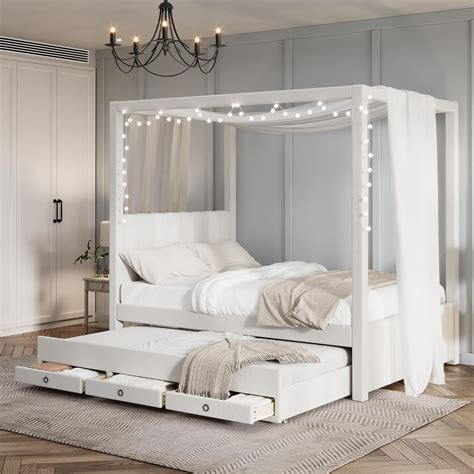 Modern Full Size Upholstery Canopy Platform Bed With Trundle And 3