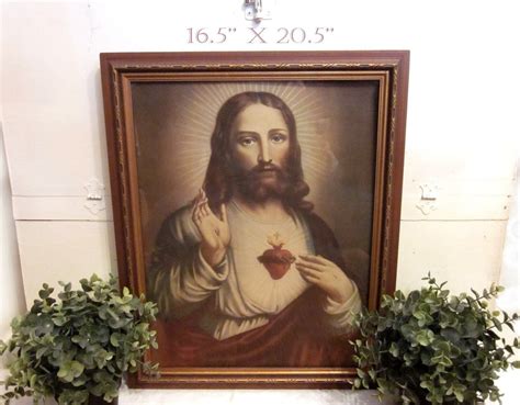 Antique Sacred Heart Of Jesus Framed Art Print Carved Wood