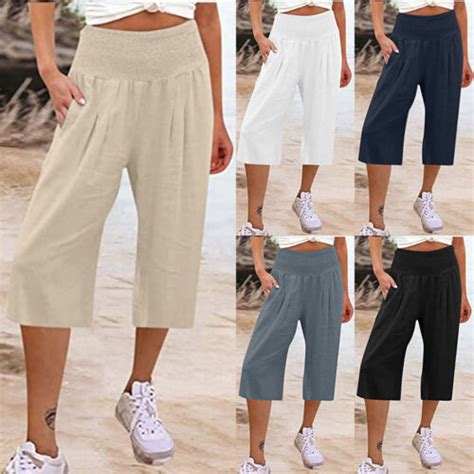 Leinenhose F R Damen Mit Hoher Taille Einfarbig Weites Bein Capri