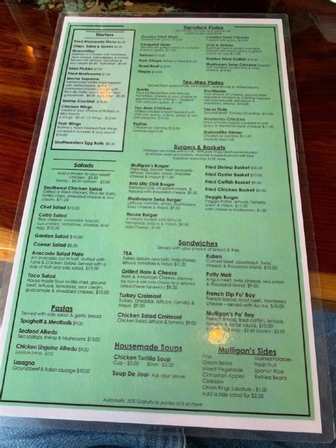 Menu At Mulligan’s Restaurant Georgetown