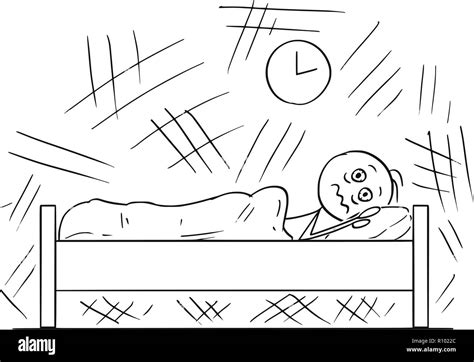 Cartoon Of Man Lying In Bed And Unable To Sleep Because Of Insomnia