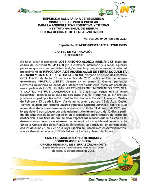 INTI Cartel de Notificación de Revocatoria a José Antonio Alonzo