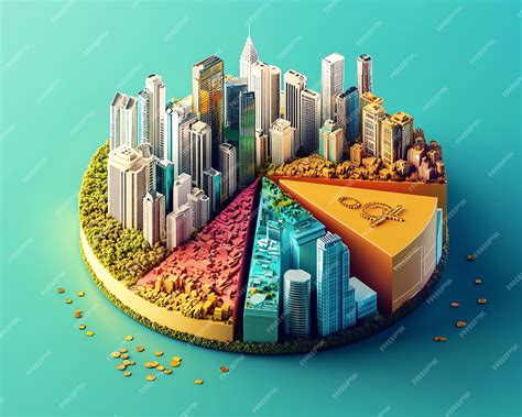 Abstract pie chart with city skyline slices representing different