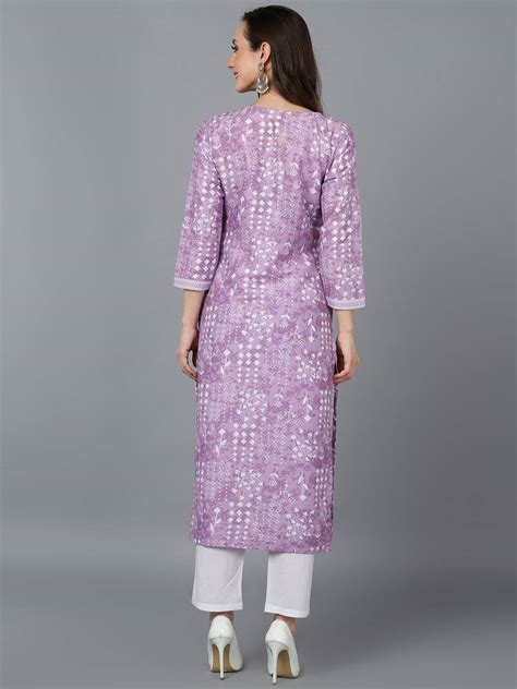 Ahika Women Lavender Silk Blend Ethnic Motifs Printed Straight Kurta