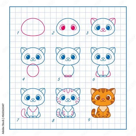 How to Draw Cute Cat, Step by Step Lesson for Kids cartoon vector ...