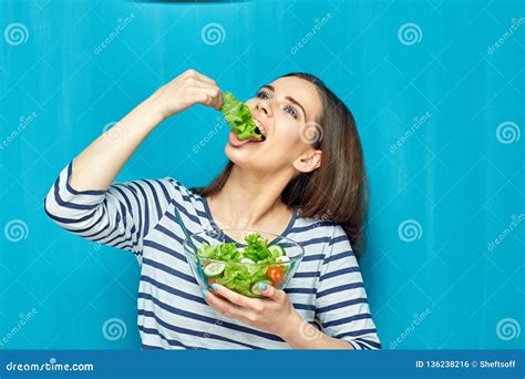 Beautiful Woman Eating Healthy Food Green Salad Stock Photo Image Of