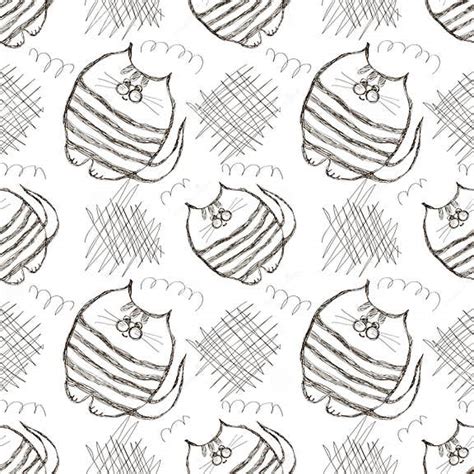 Seamless Vector Pattern Cute Black And White Background With Hand Drawn Cats And Scribbles