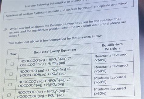 Solved 19. Which row below shows the Bronsted-Lowry equation | Chegg.com