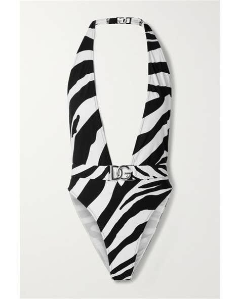 Dolce And Gabbana Belted Zebra Print Halterneck Swimsuit Lyst Canada