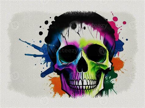 Watercolor Colorful Graffiti Skull Art Illustration On White Paper