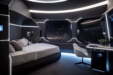 Spaceship Bedroom with Futuristic Console and Starry Night Sky Visible ...