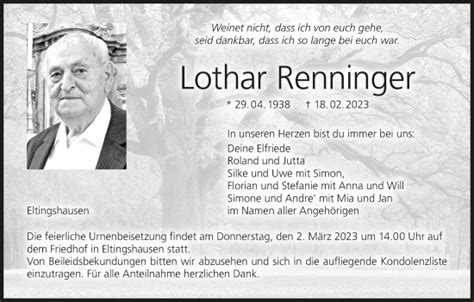 Lothar Renninger Traueranzeige Trauer Infranken De