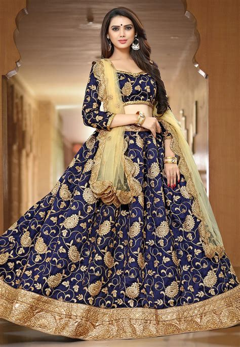 Embroidered Art Silk Lehenga In Navy Blue Wedding Lehenga Designs