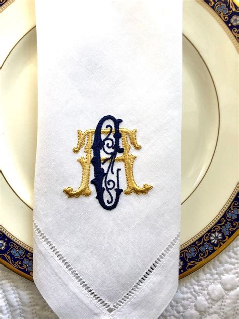 Embroidered Two Initial Monogram Linen Dinner Napkins Etsy