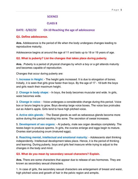 Solution Reaching The Age Of Adolescence Notes Cbse Class Science