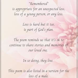 Remembered For Her Sympathy Poem Remembrance Funeral Poem Memory Poem