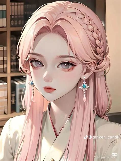 An Anime Girl With Long Pink Hair And Braids In Her Hair Is Looking At