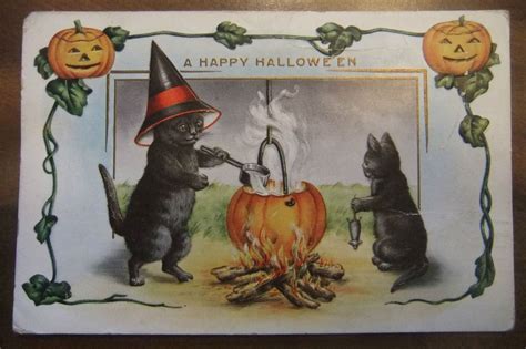 Vintage Postcard Halloween Whitney Made Black Cat Pumpkin Mouse Porage