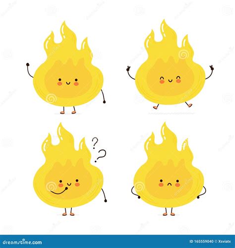 Cute Happy Fire Flame Character Set Collection Stock Vector