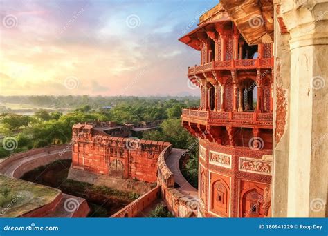 Agra Fort Ancient Medieval Palace Architecture At Sunrise At Agra India