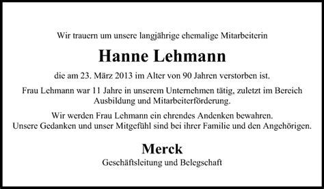 Traueranzeigen Von Hanne Lehmann Vrm Trauer De