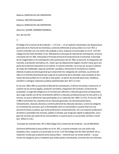 Trabajo Practico Derecho De Los Contrato Materia Derecho De Los