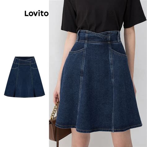 Lovito Vintage Plain Structure Line Pocket Denim Skirt For Women