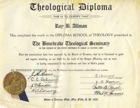 Theological Diploma From The Bonebrake Theological Seminary To Roy B