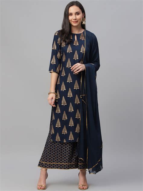 Buy Libas Women Navy Blue Gold Toned Printed Kurta With Palazzos