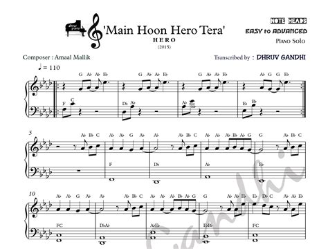 Main Hoon Hero Tera Sheet Music English Notes Midi Piano Tutorial