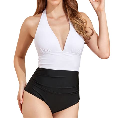 CAIVO Women Swimwear Sports Swimsuit Sexy Halter Neck V Neck Contrasting Bikini Pool Beach